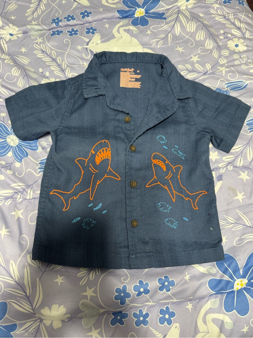 Cat & Jack Navy Short-Sleeve Button-Up Shirt with Orange Shark Embroidery